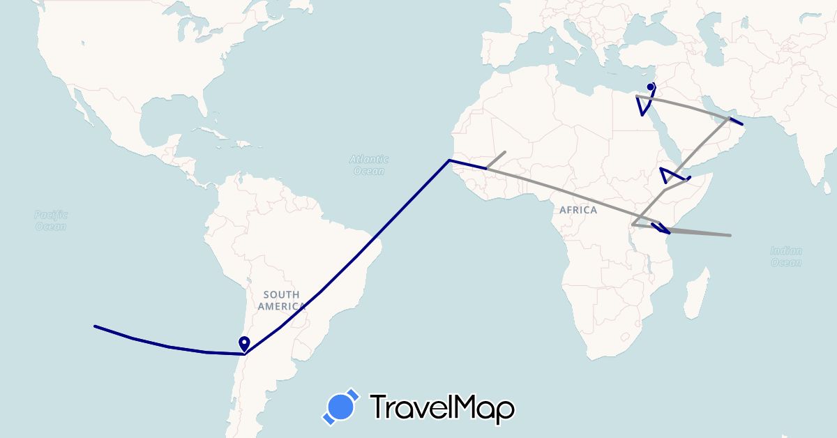 TravelMap itinerary: driving, plane in United Arab Emirates, Chile, Egypt, Ethiopia, Israel, Jordan, Kenya, Mali, Oman, Rwanda, Seychelles, Senegal, Somalia, Tanzania (Africa, Asia, South America)